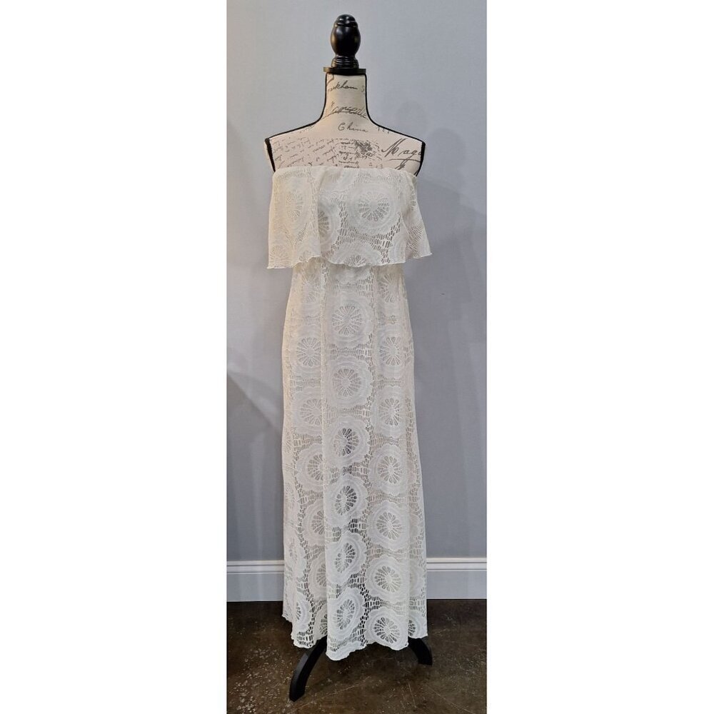 EUC Charlotte Russe White Off-Shoulder Maxi Dress With Lace Overlay & Ruffle/Sz.